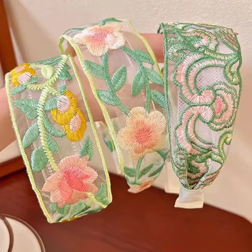 Korean Vintage Embroidery Pink Flower Gauze Lace Wide Hair Hoop Headdress For Girls Women Sweet Ethnic Headband